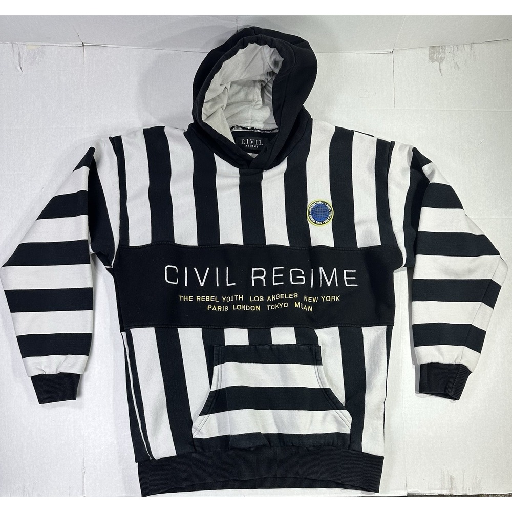 Civil Regime Striped Hoodie L Black White Streetwear Rebel Youth Graphic